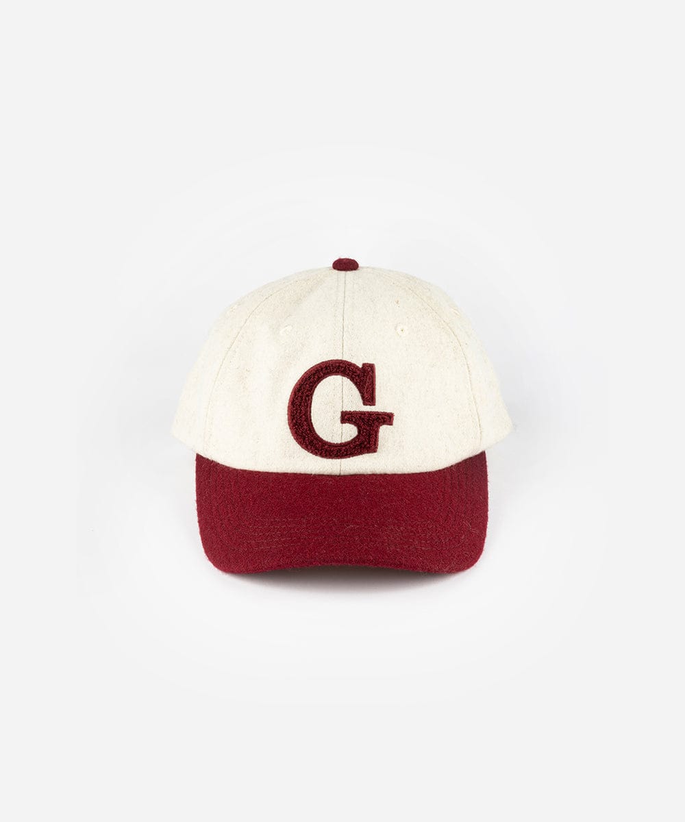A burgundy baseball cap with the letter 'G' on a white background #color_burgundy