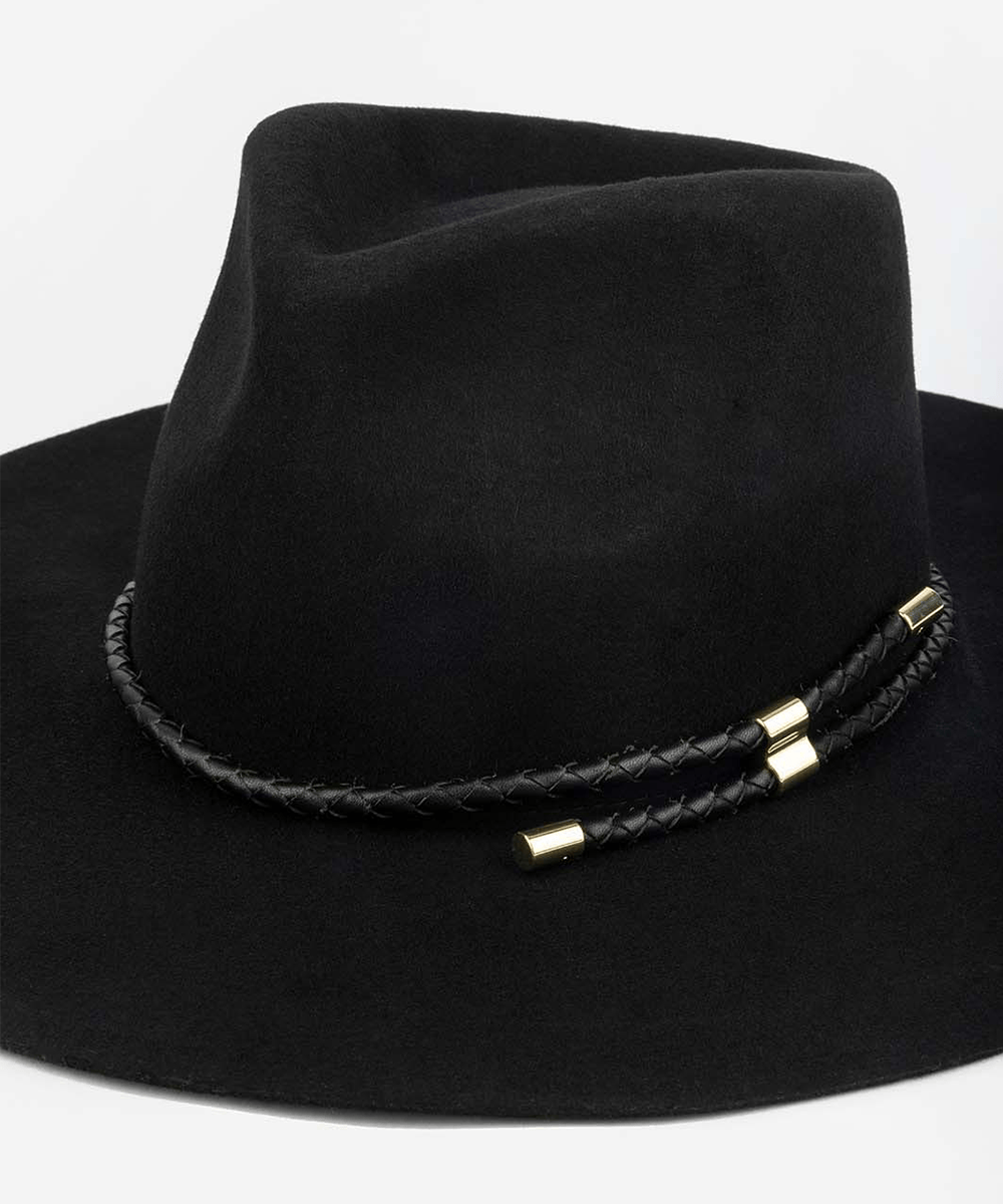 Black fedora hat with braided leather band on a white background #color_black