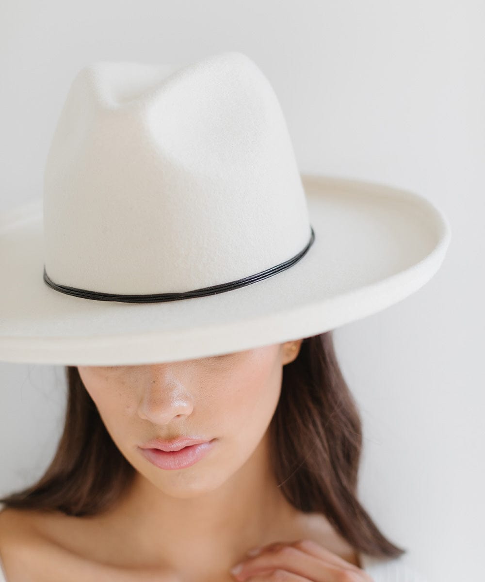 Person wearing a white cowboy hat with a black hat band against a plain background #color_black