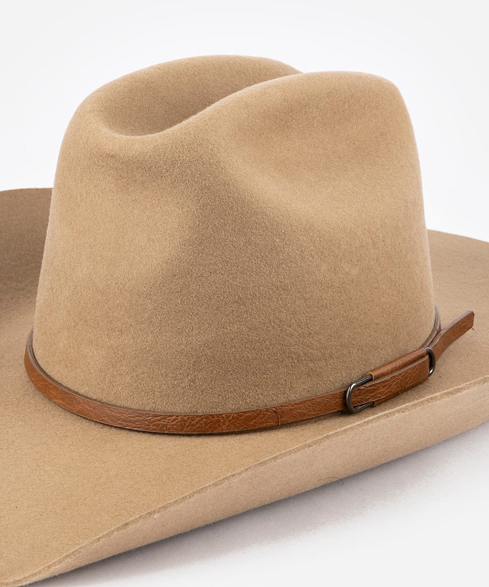Beige cowboy hat with a brown leather band on a white background #color_brown