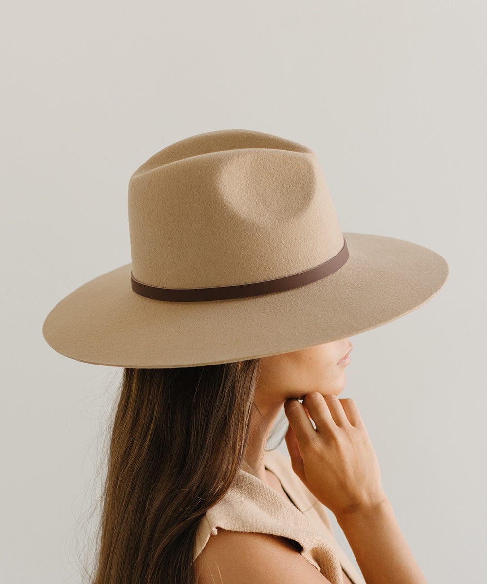 Woman wearing a beige felt hat with a thin chocolate colored leather hat band around the base, facing sideways against a plain background #color_chocolate