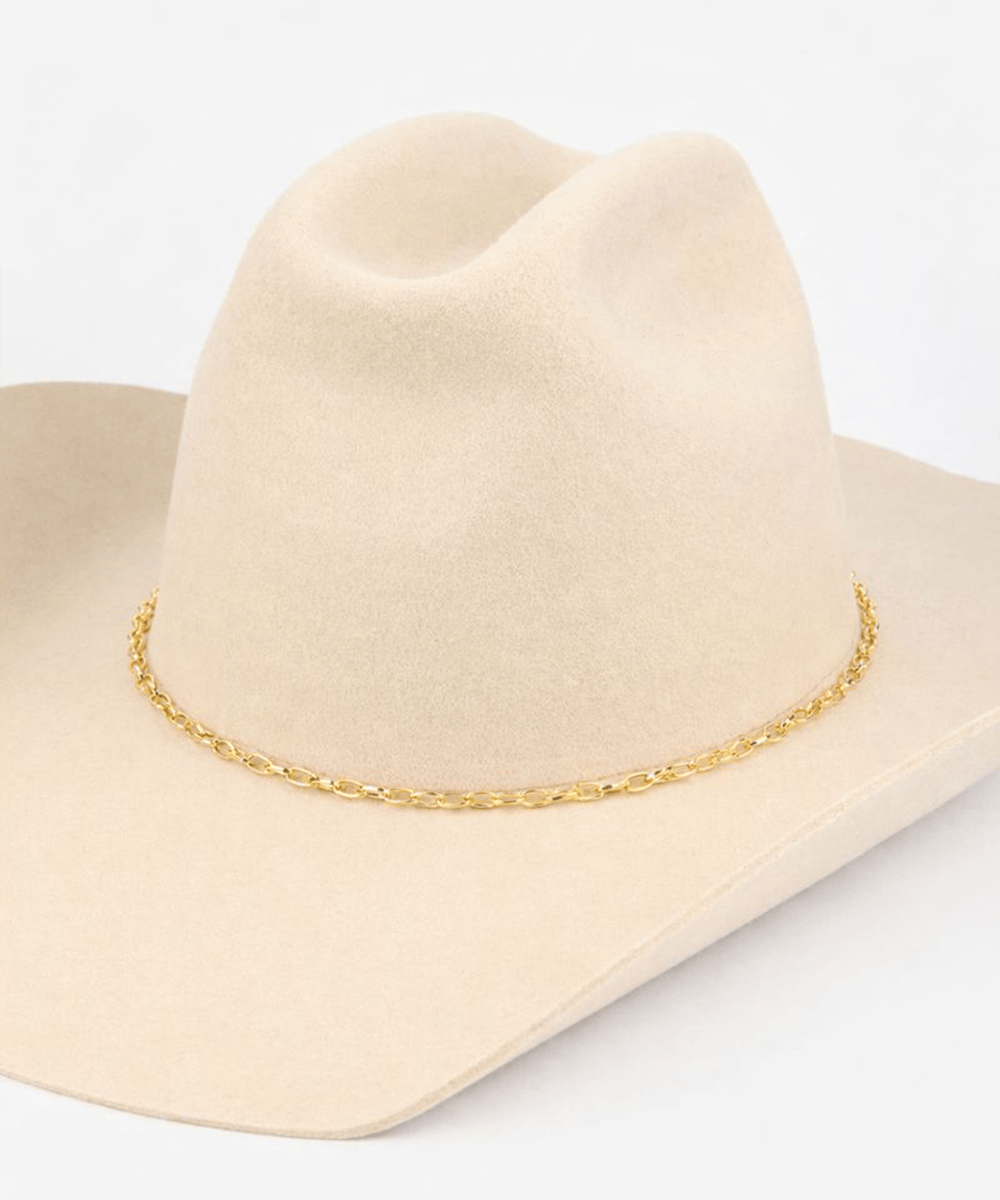 Beige cowboy hat with a gold chain necklace on a white background #color_gold