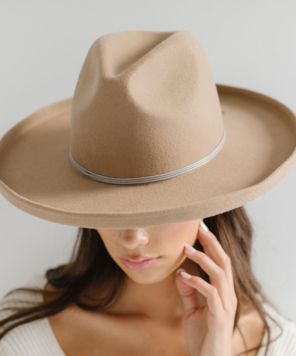 Person wearing a beige cowboy hat with a light grey hat band against a plain background #color_light grey