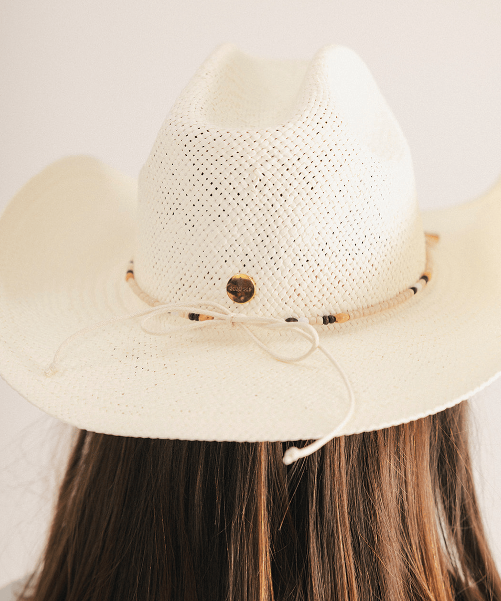 A close-up back view of a person wearing a cream-colored woven cowboy hat with a decorative band and a small gold button, set against a plain light background #color_natural