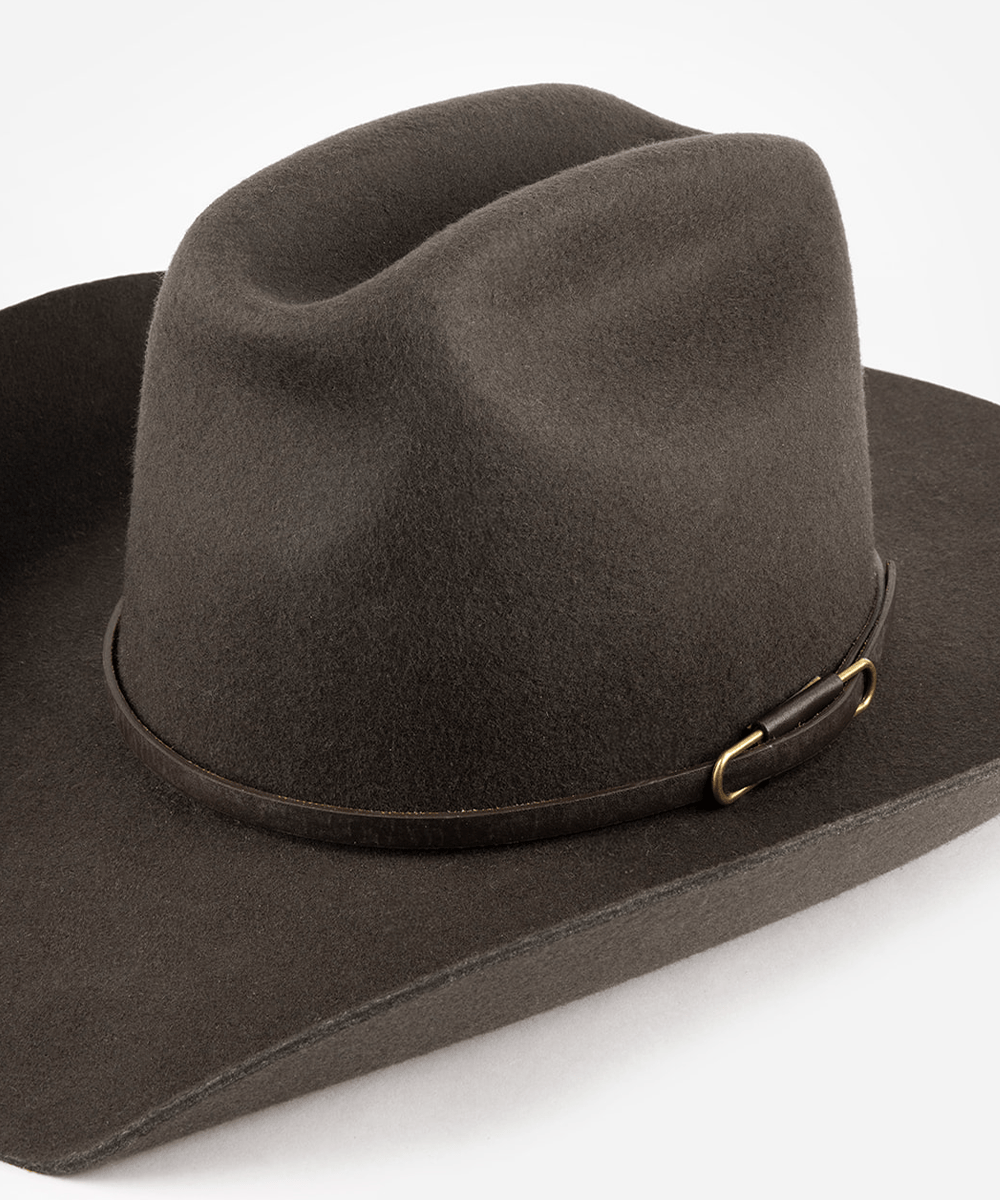 Brown cowboy hat with a leather band on a white background #color_dark brown - brass