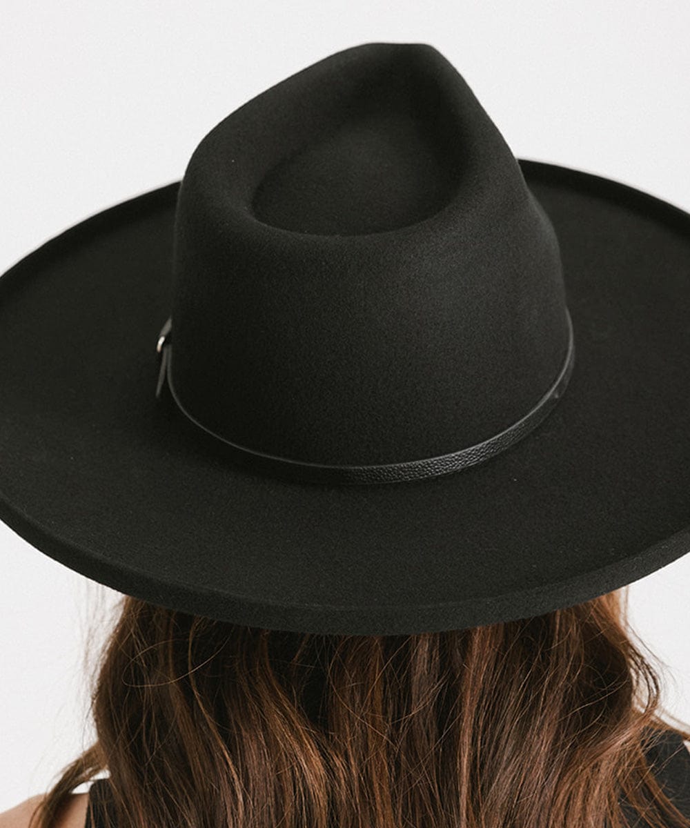 Person wearing a black wide-brimmed hat with a black hat band, facing behind against a plain background #color_black