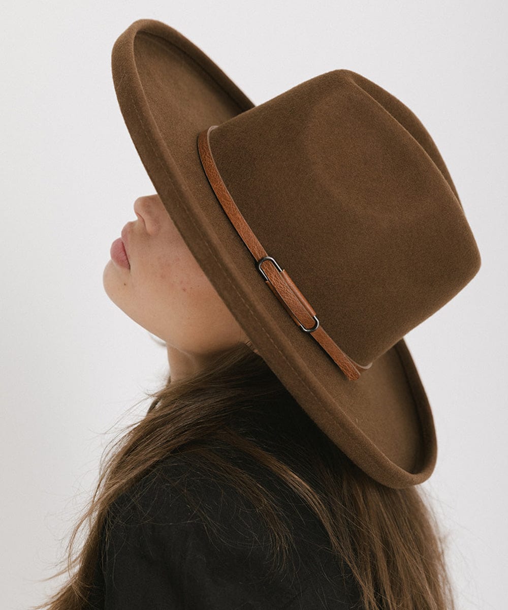 Woman wearing a brown wide-brimmed hat with a brown hat band and a black shirt, posing sideways against a plain background #color_brown
