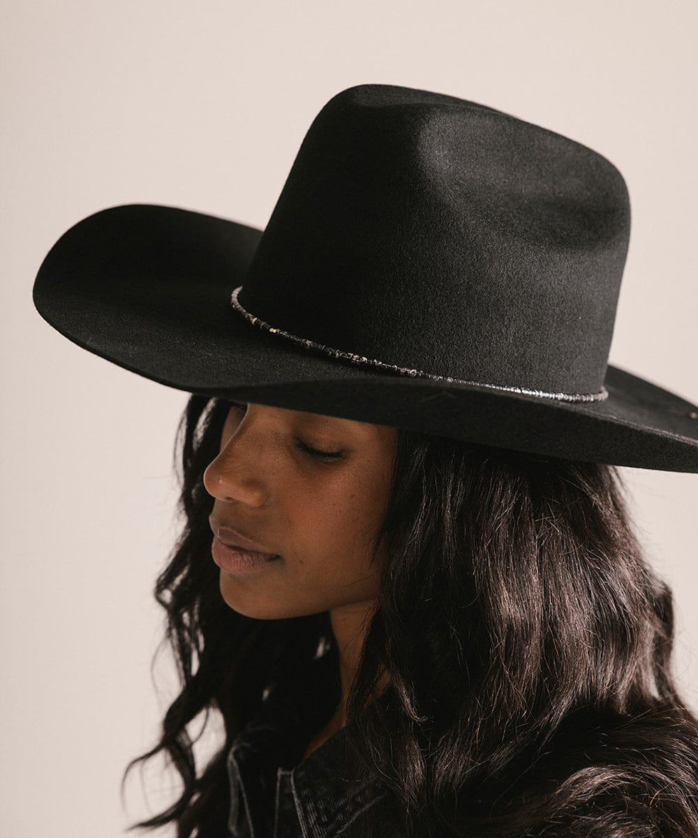Person wearing a black cowboy hat against a neutral background #color_black obsidian