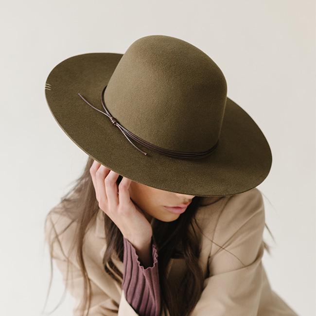 Person wearing a brown cowboy hat with a chocolate colored hat band and a beige coat, posing against a plain background #color_chocolate