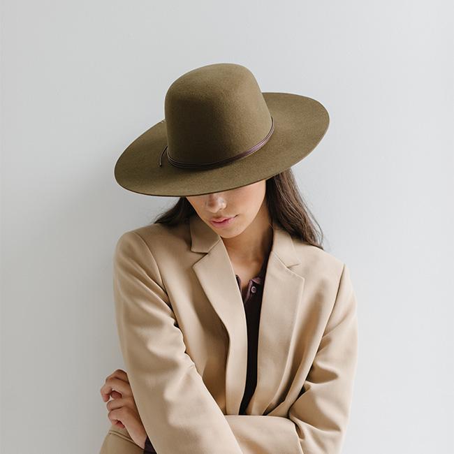 Person wearing a brown cowboy hat with a chocolate colored hat band and a beige coat against a plain background #color_chocolate