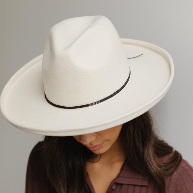 Person wearing a white cowboy hat with a black hat band and a maroon shirt against a plain background #color_black