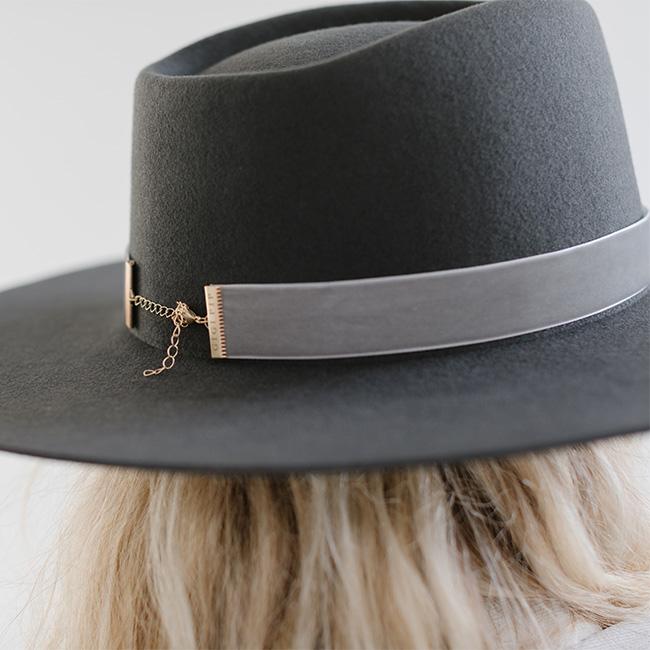 Close up image of a dark grey hat with a light grey velvet chain hat band against a plain background #color_light grey