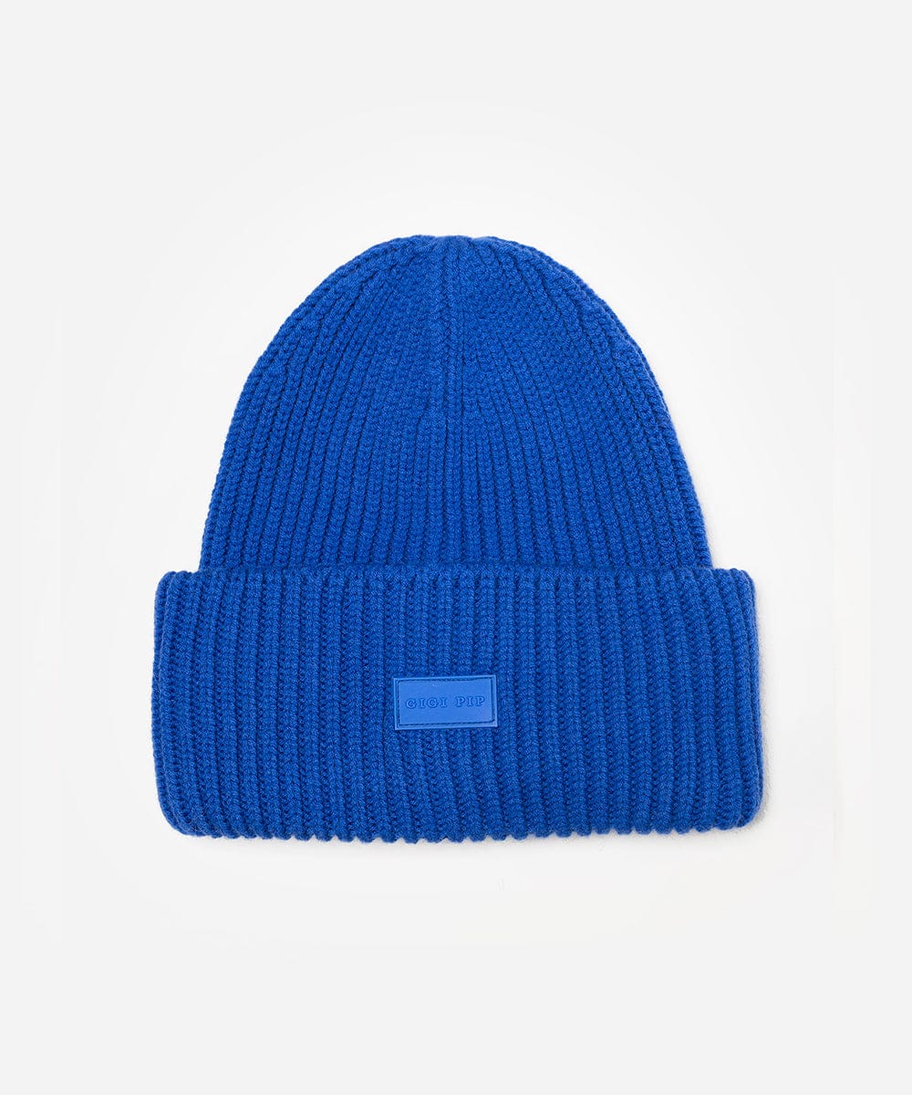Blue knit beanie with a small logo on a white background #color_alpine blue