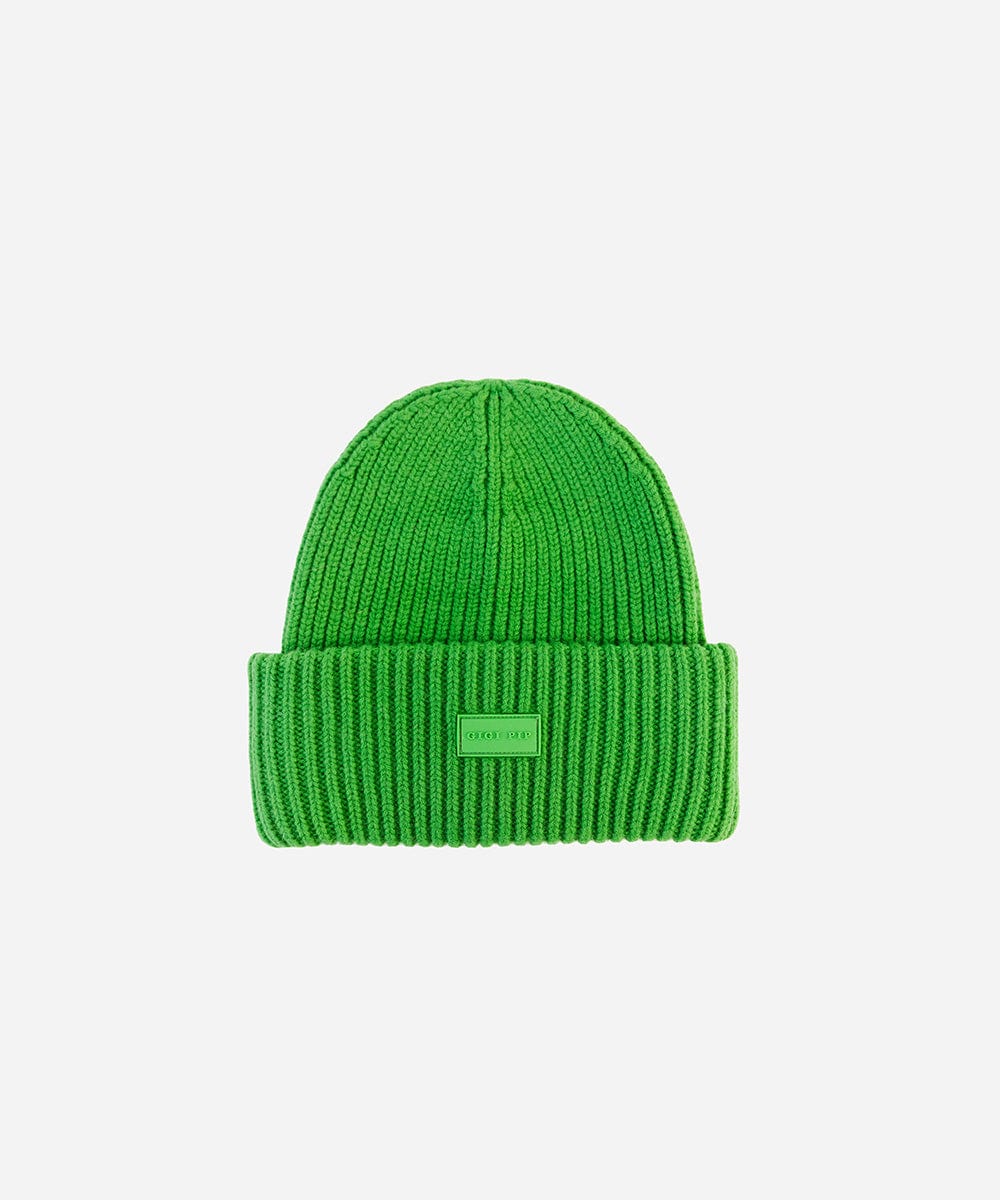 A green colored ribbed beanie on a white background #color_evergreen