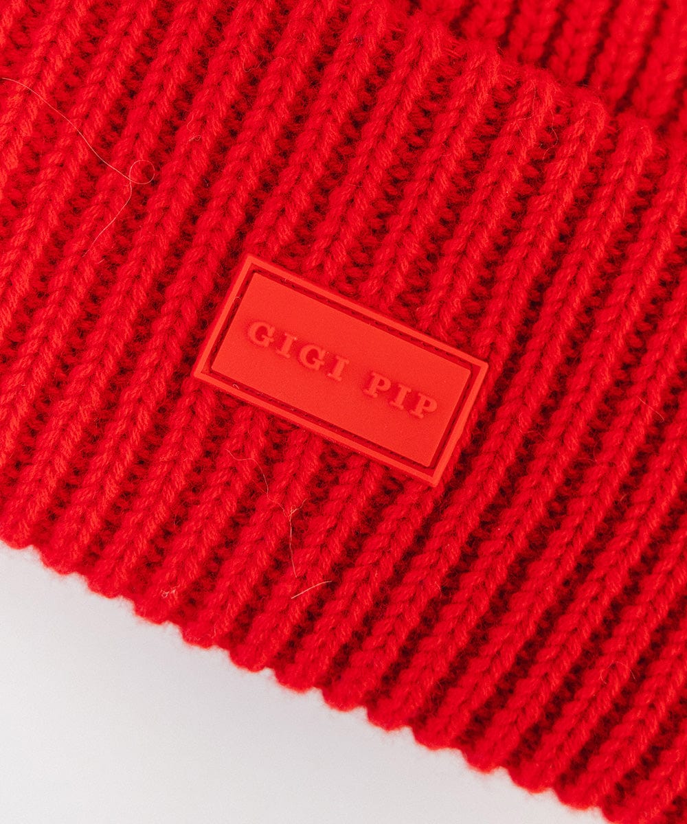 A ruby red colored ribbed beanie with the brand label #color_ruby red