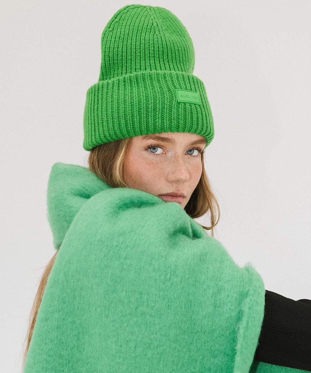 A woman wearing a green colored ribbed beanie and a green top against a plain background #color_evergreen
