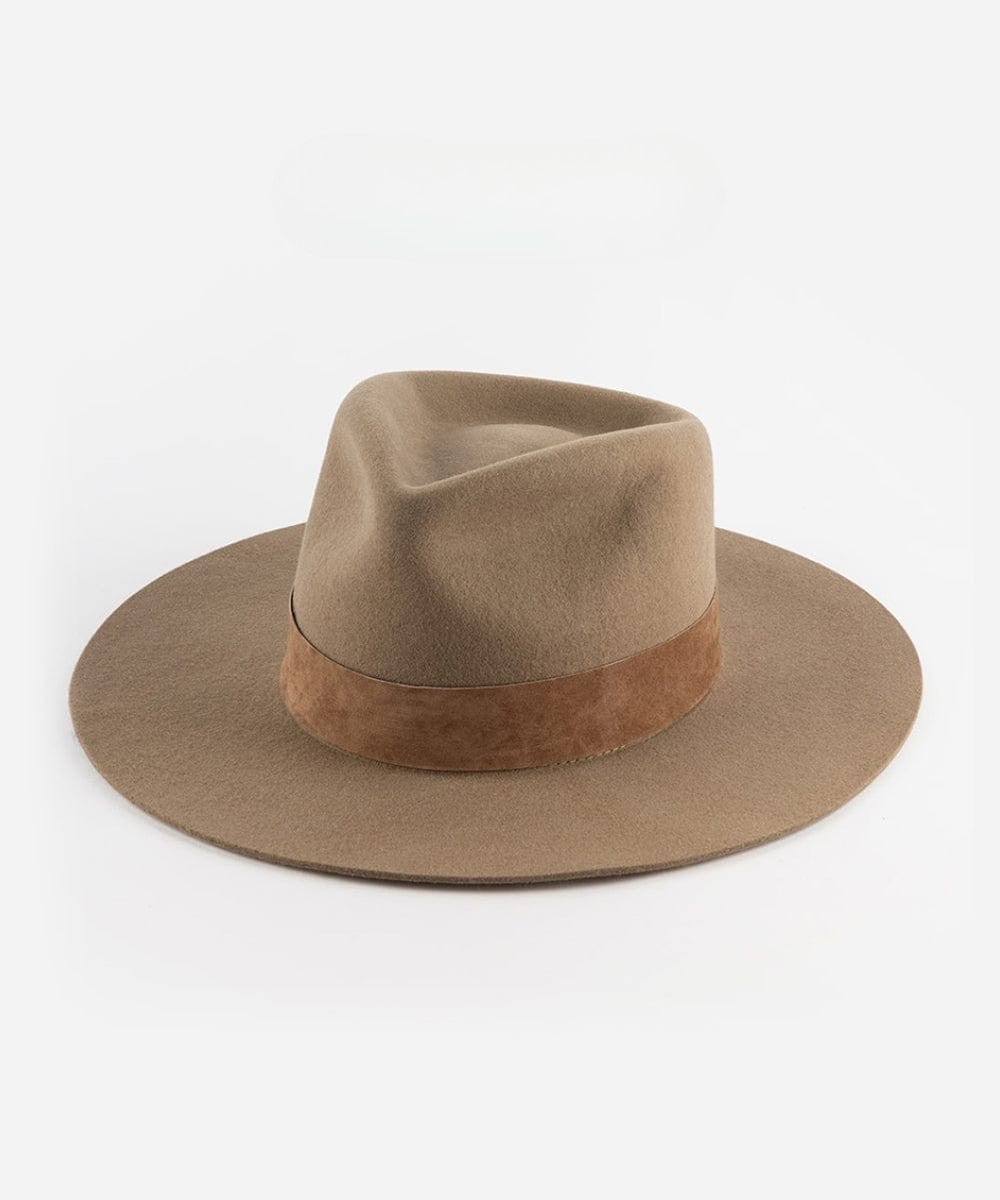 A brown fedora hat with a band on a plain background #color_brown