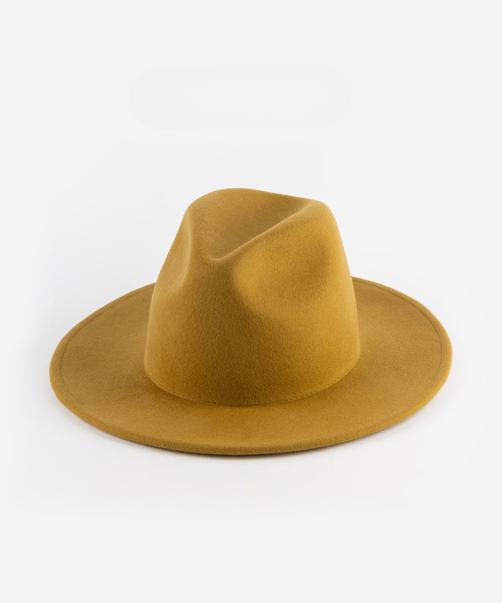 A mustard colored fedora hat on a plain background #color_mustard