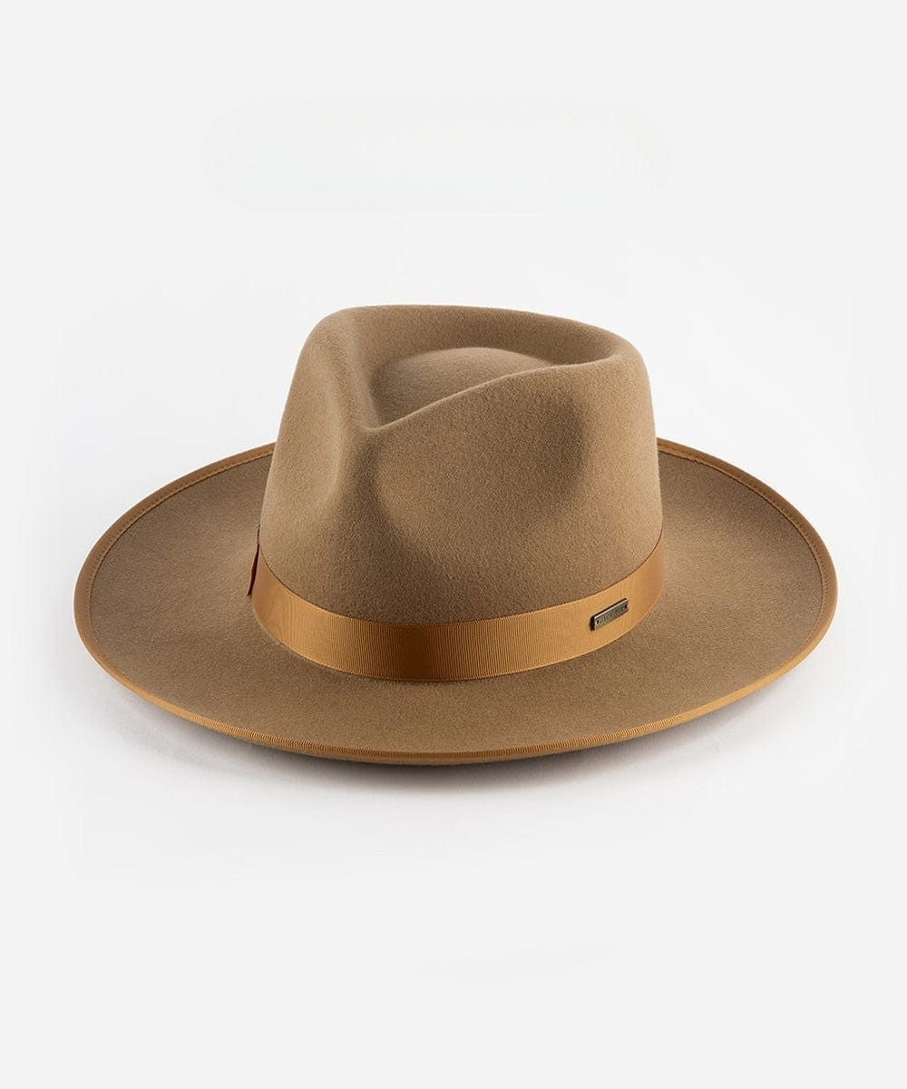 A brown fedora hat with a hat band on a white background #color_brown