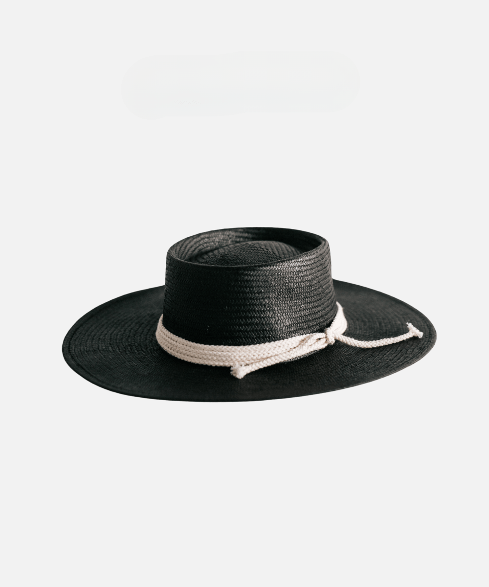 A black straw hat with a hat band on a plain background #color_black