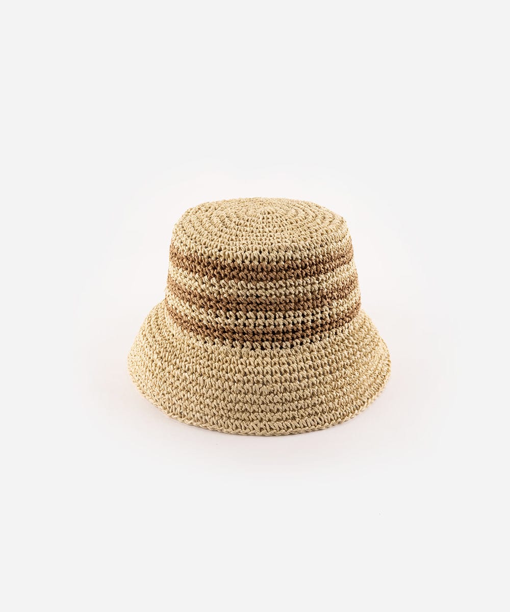 A beige crochet packable bucket hat made from paper straw, displayed against a white background. #color_natural stripe