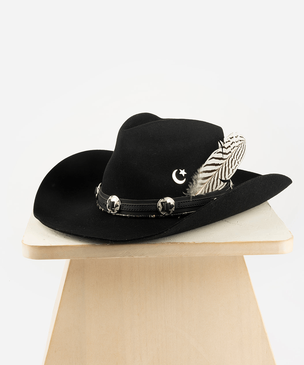 Black cowboy hat with feather and metal band on a white background #color_silver