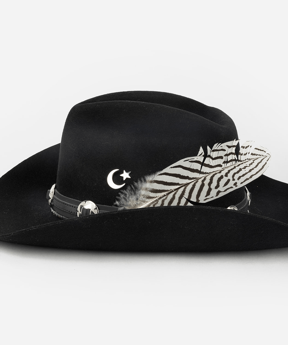 Black cowboy hat with feather and star design on a light gray background #color_silver