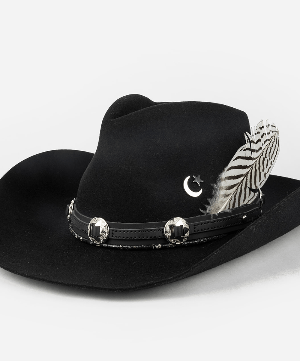 Black cowboy hat with decorative band and feather on a white background #color_silver