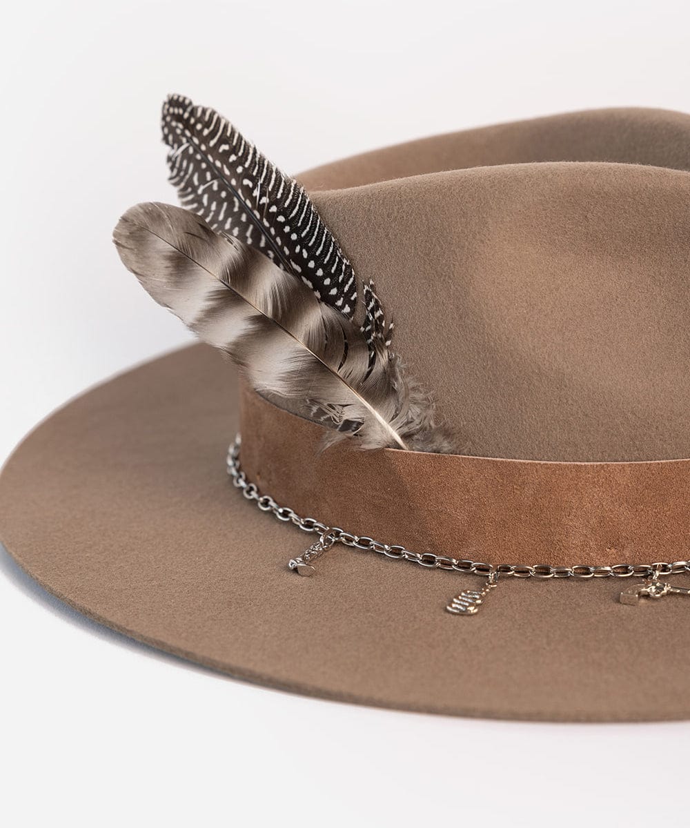 A brown hat with a band, a decorative chain, a brown hat feather along with a natural grey chinchilla hat feather on a plain background #color_grey