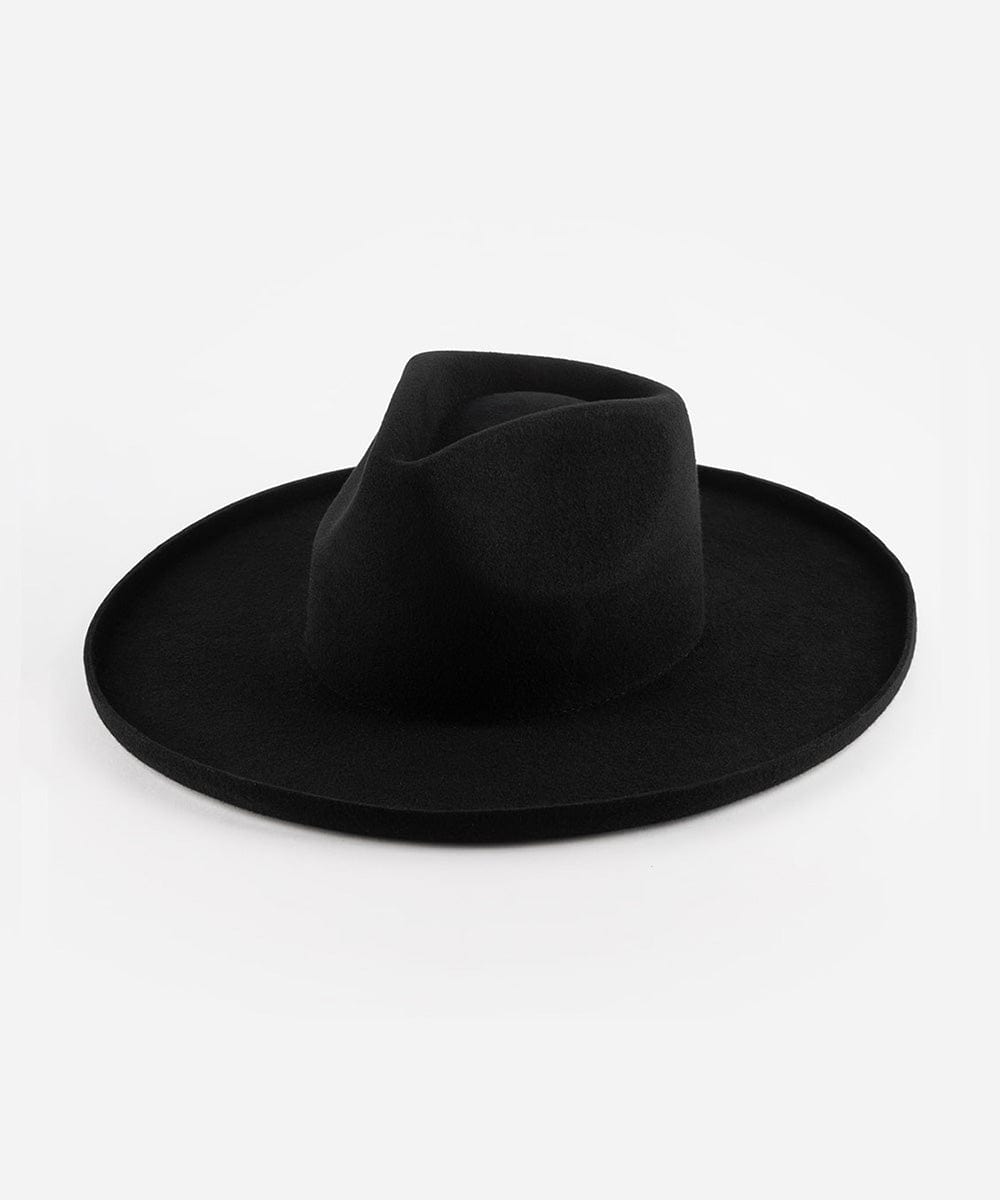 A black pencil brim fedora hat with a wide brim, displayed on a plain background. #color_black