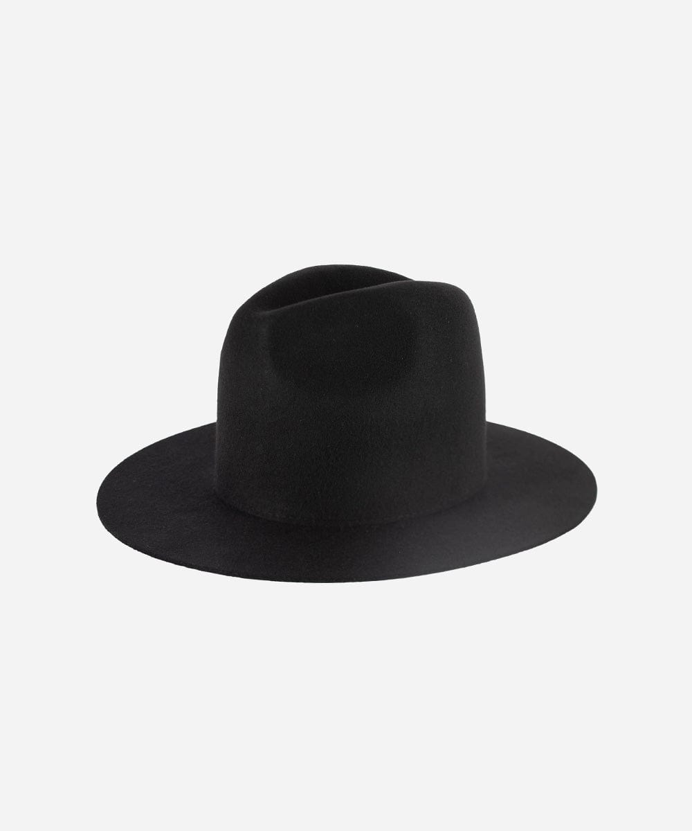 A tall crown black fedora hat with a flat brim, displayed on a plain background. #color_black