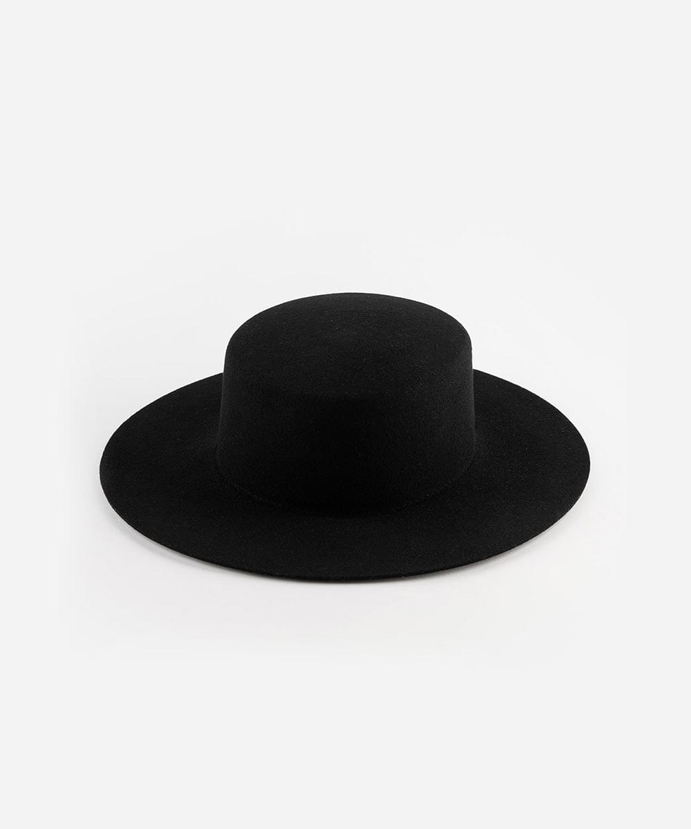 A black boater-style hat with a stiff flat brim and a round crown. #color_black