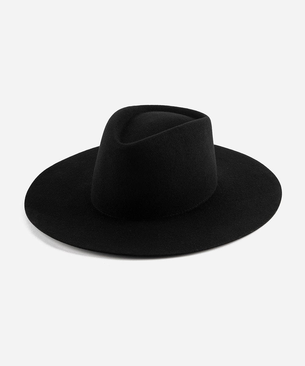A black wide brim felt hat with a triangle crown, flat brim, and no visible embellishments. #color_black
