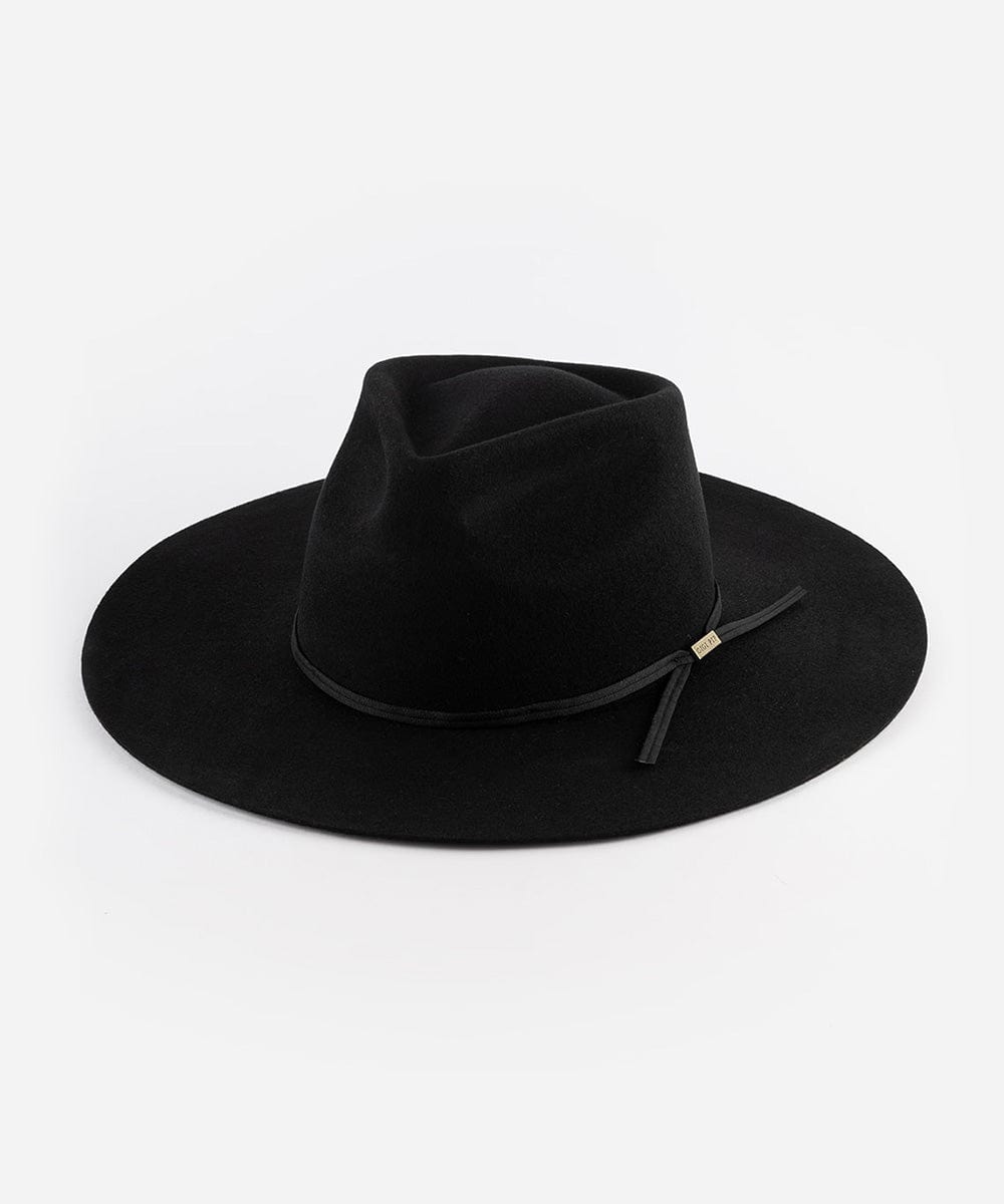 A black Emery Teardrop Fedora Hat with a wide flat brim and a tonal grosgrain ribbon band. #color_black