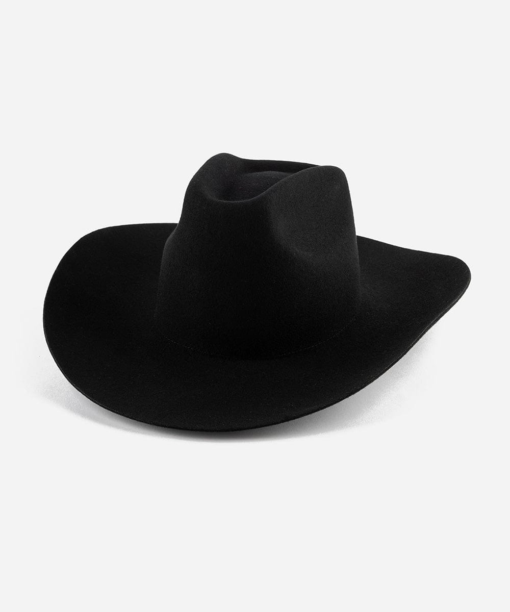 A black cowboy hat with a stiff, traditional wide western brim and a brick top style crown. #color_black
