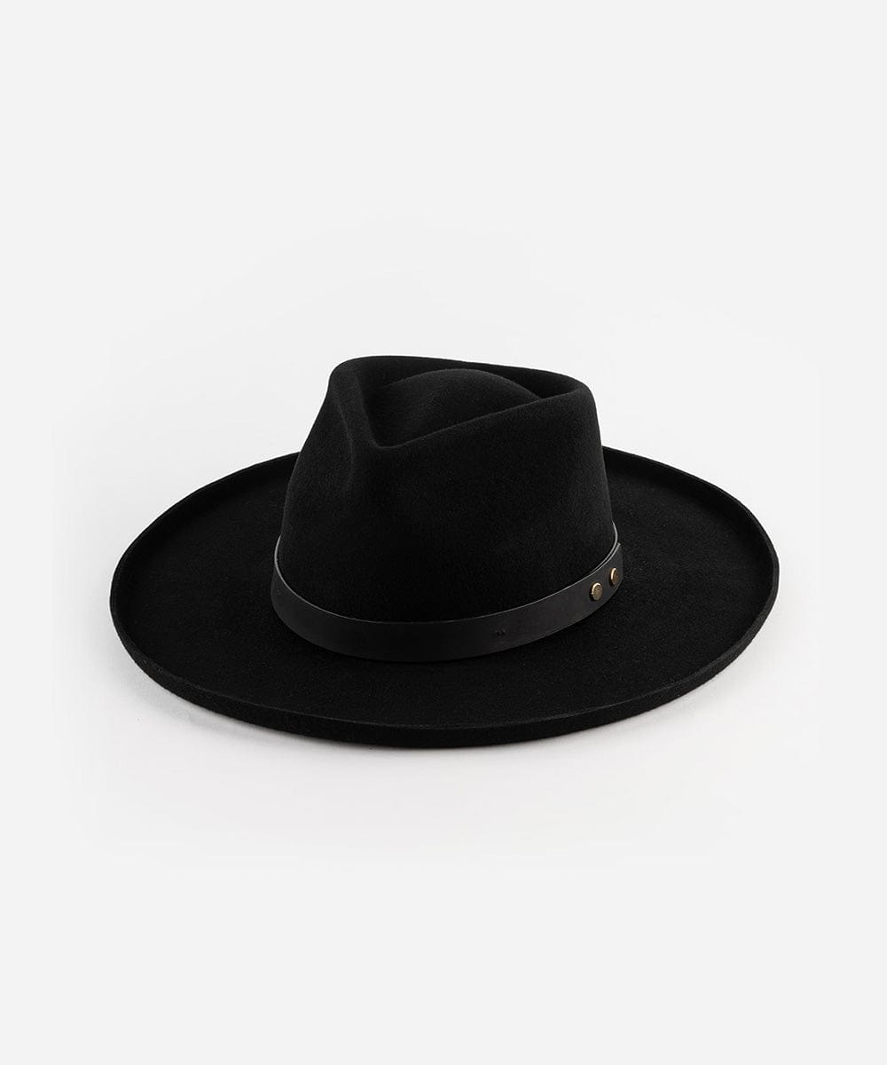 A black felt fedora hat with a soft oiled leather band, displayed against a white background. #color_black