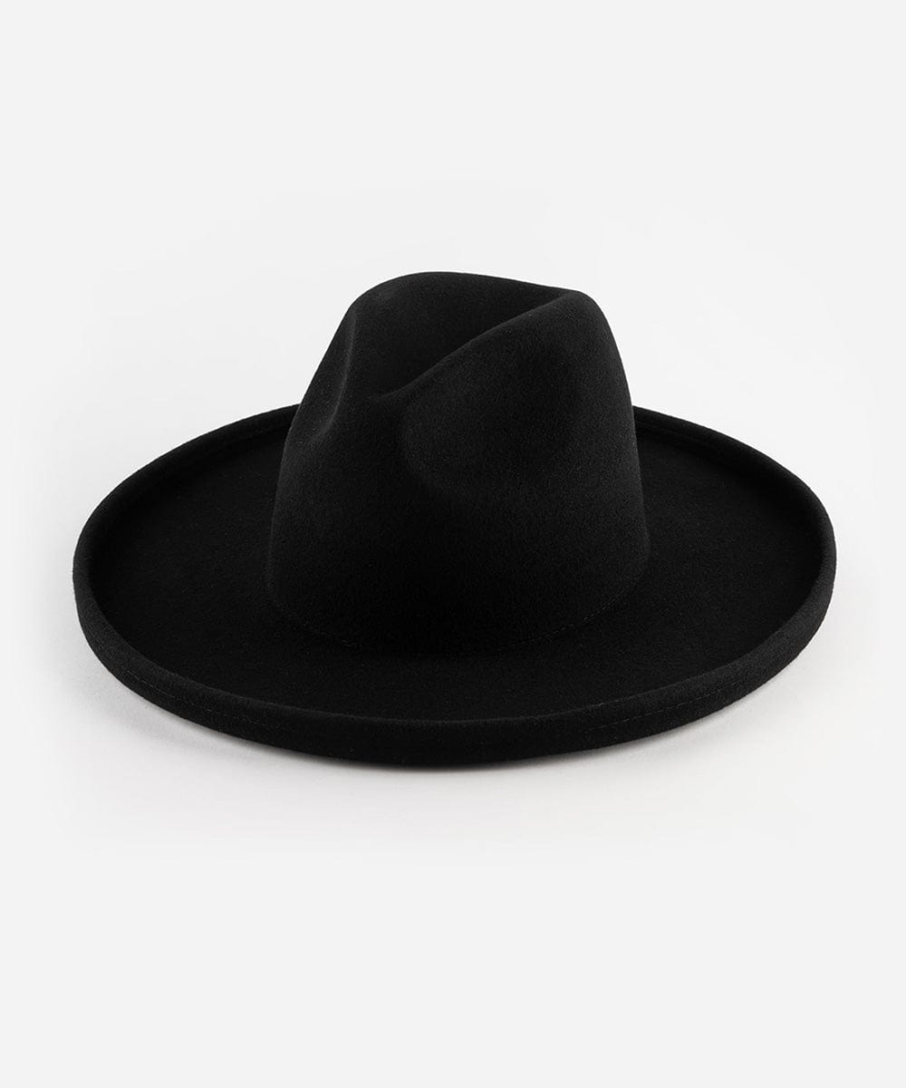 A black wide brim felt fedora hat with a flat crown and even brim. #color_black