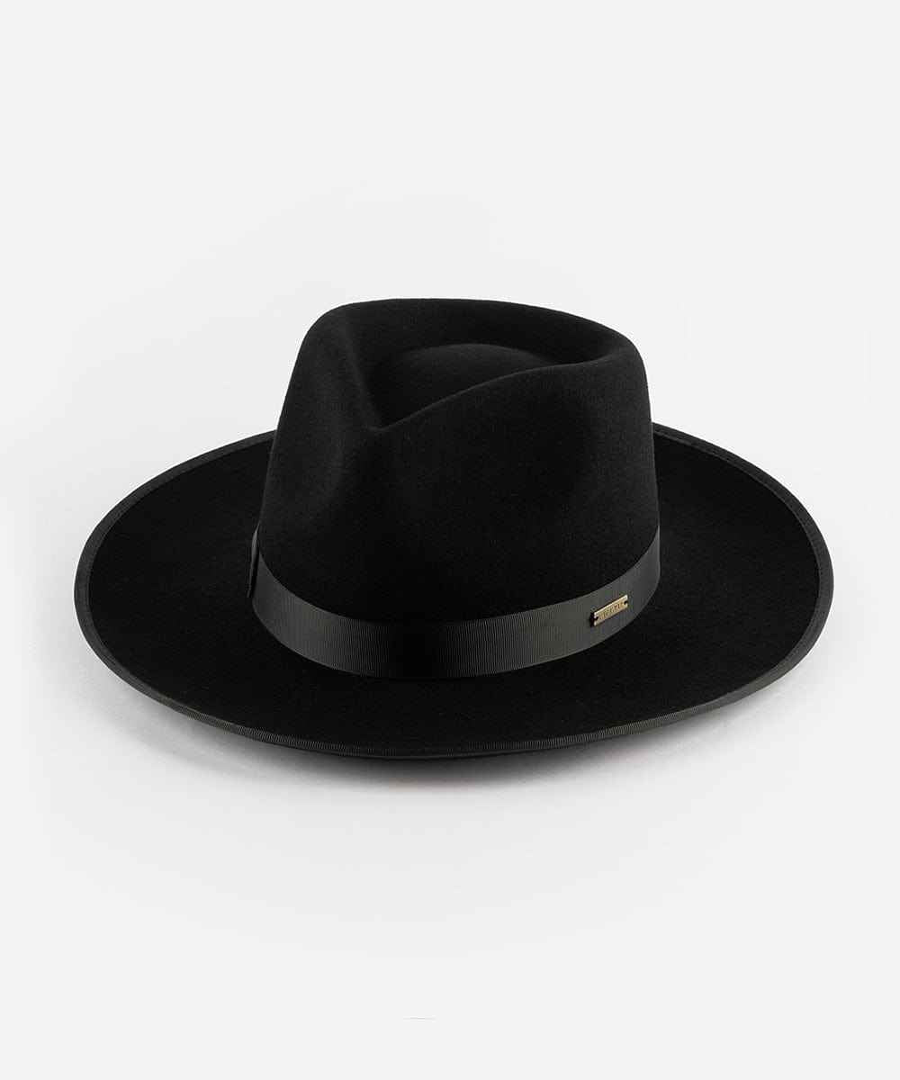 Black fedora hat with a leather band on a white background #color_black