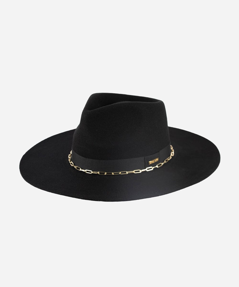 A black wide brim fedora hat with a gold chain detail around the base of the crown. #color_black