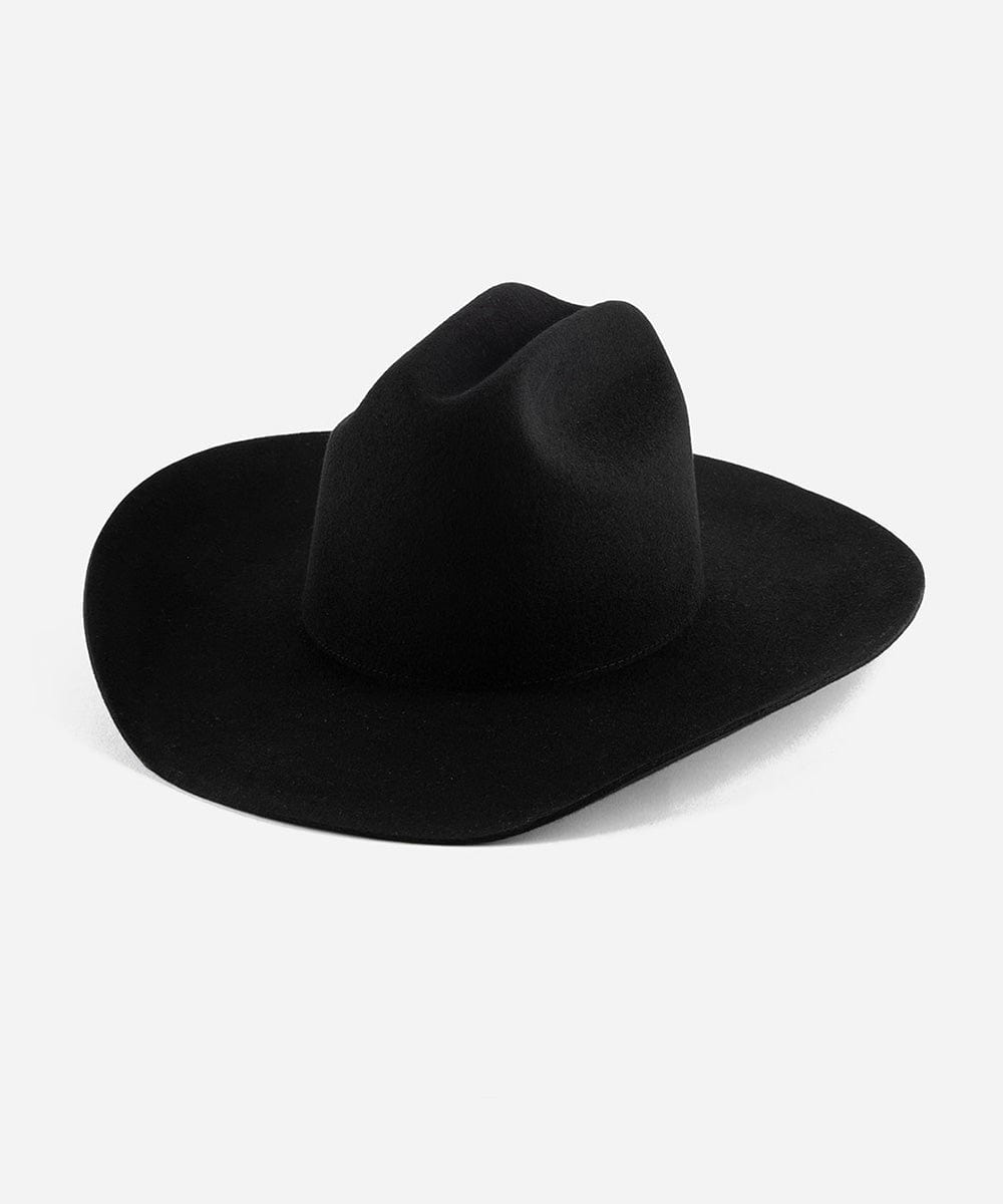 A black cowboy hat with a wide brim and a true western cattleman crown. #color_black