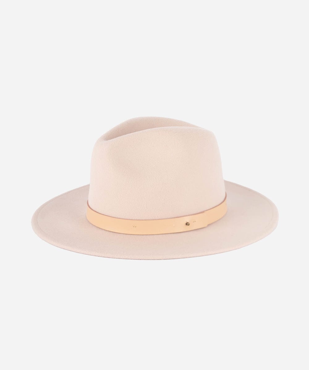 A blush pink colored fedora hat with a hat band on a plain background #color_blush pink