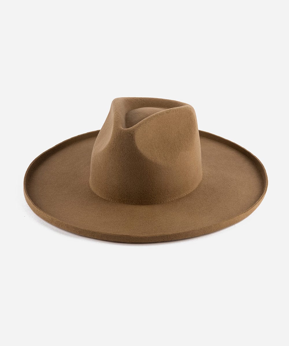 A brown pencil brim fedora hat with a wide brim, displayed on a plain background. #color_brown