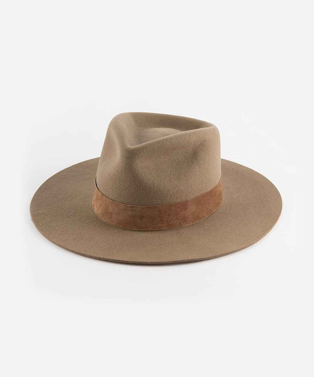 Brown fedora hat with a wide brim and a band on a white background #color_brown