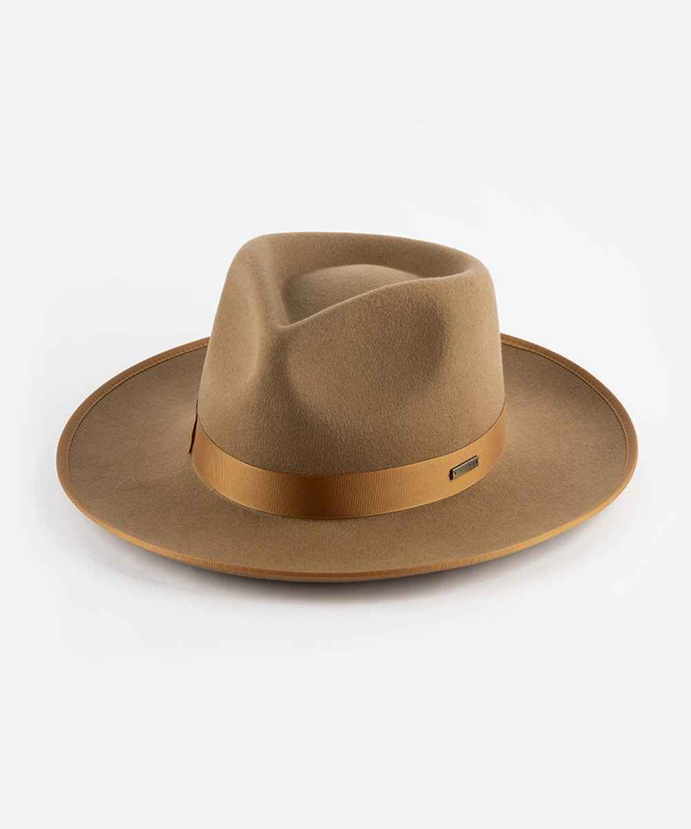 Brown fedora hat with a leather band on a white background #color_brown
