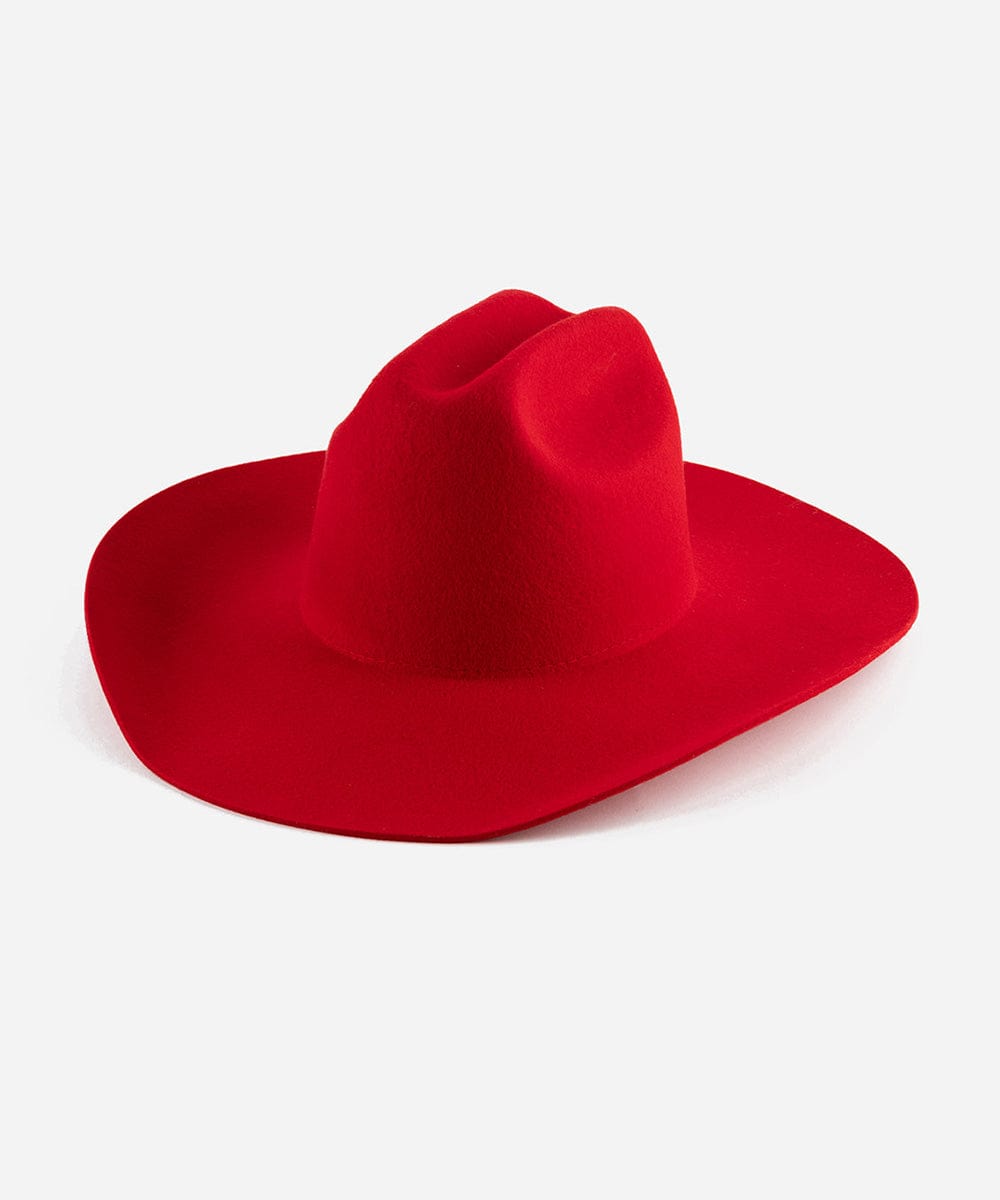 A cherry red cowboy hat with a wide brim and a true western cattleman crown. #color_cherry red