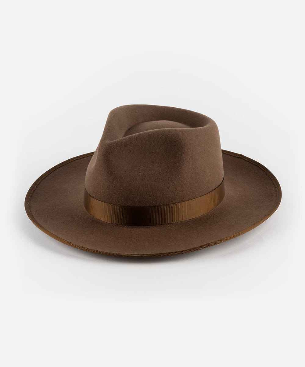 Dark Brown fedora hat with a wide brim on a white background #color_chocolate