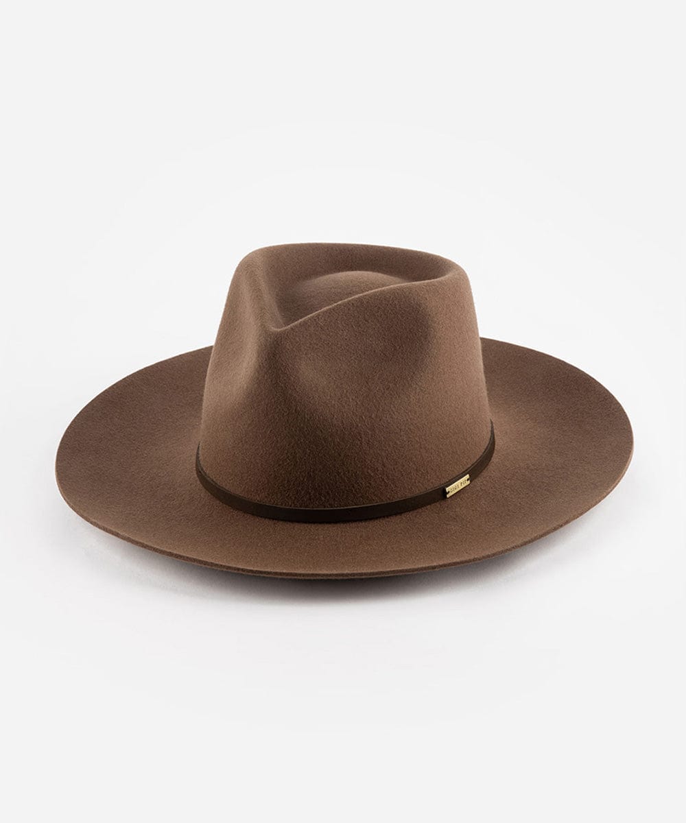 A chocolate colored Rowan Wide Brim Fedora hat with an attached leather band on a white background. #color_chocolate