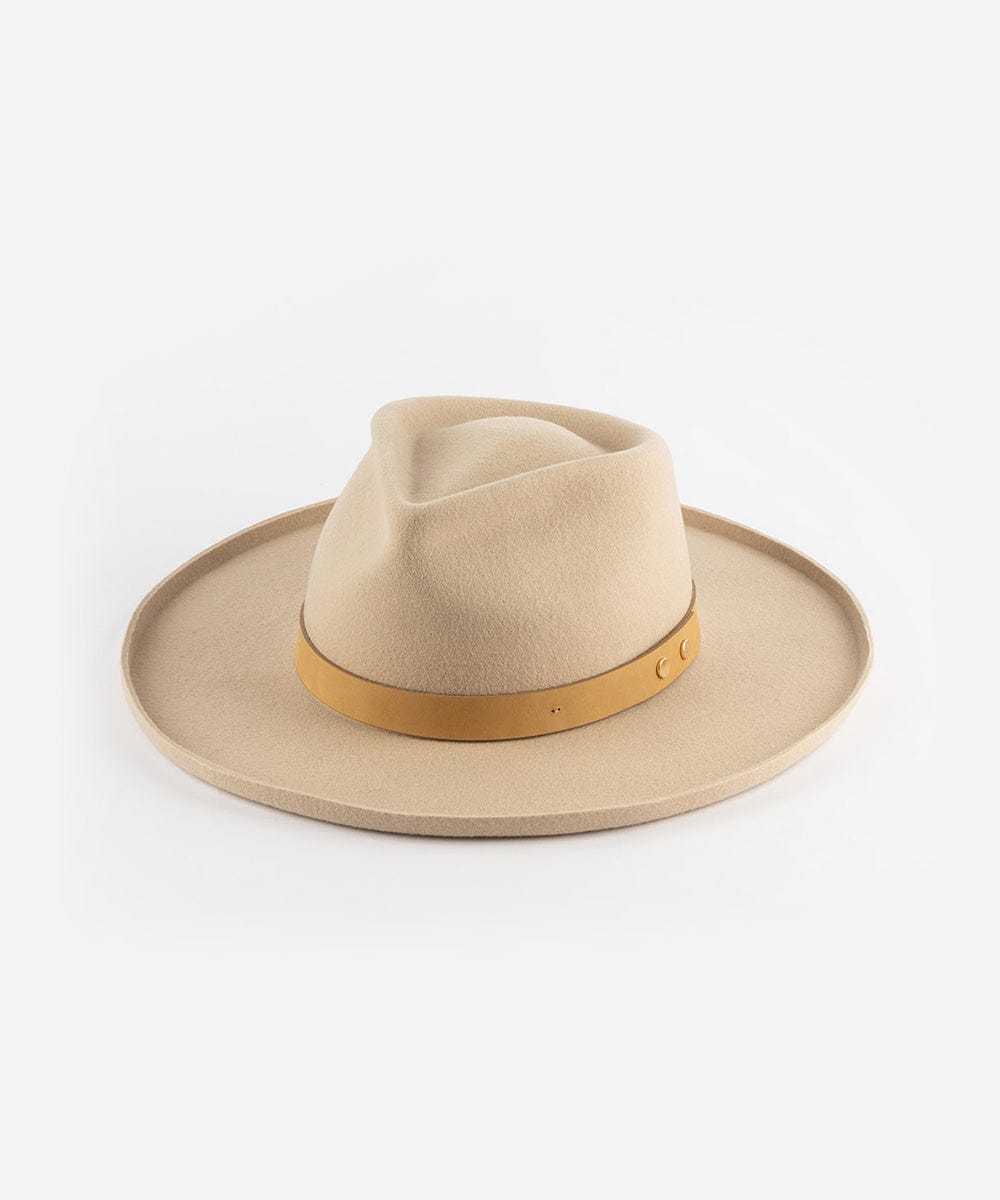 A cream felt fedora hat with a soft oiled leather band, displayed against a white background. #color_cream