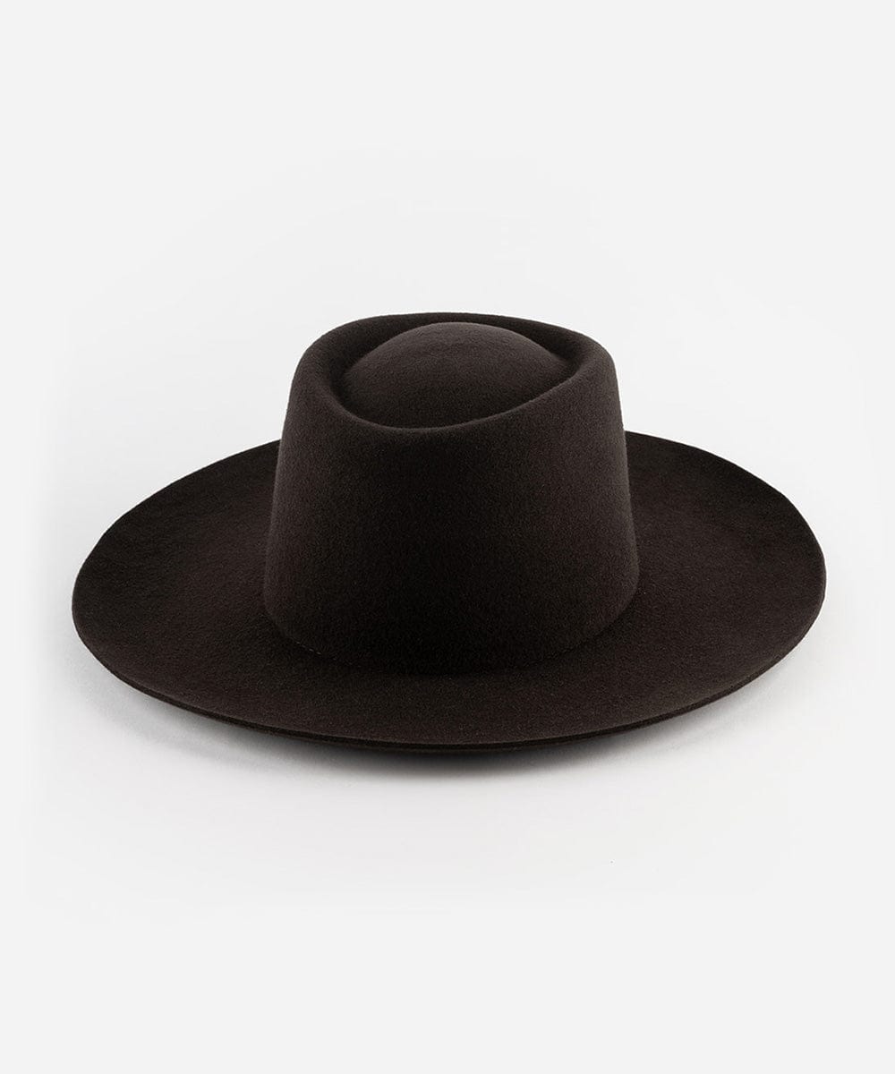 A dark brown gambler hat with an upturned brim, made of felt, displayed on a plain background. #color_dark brown