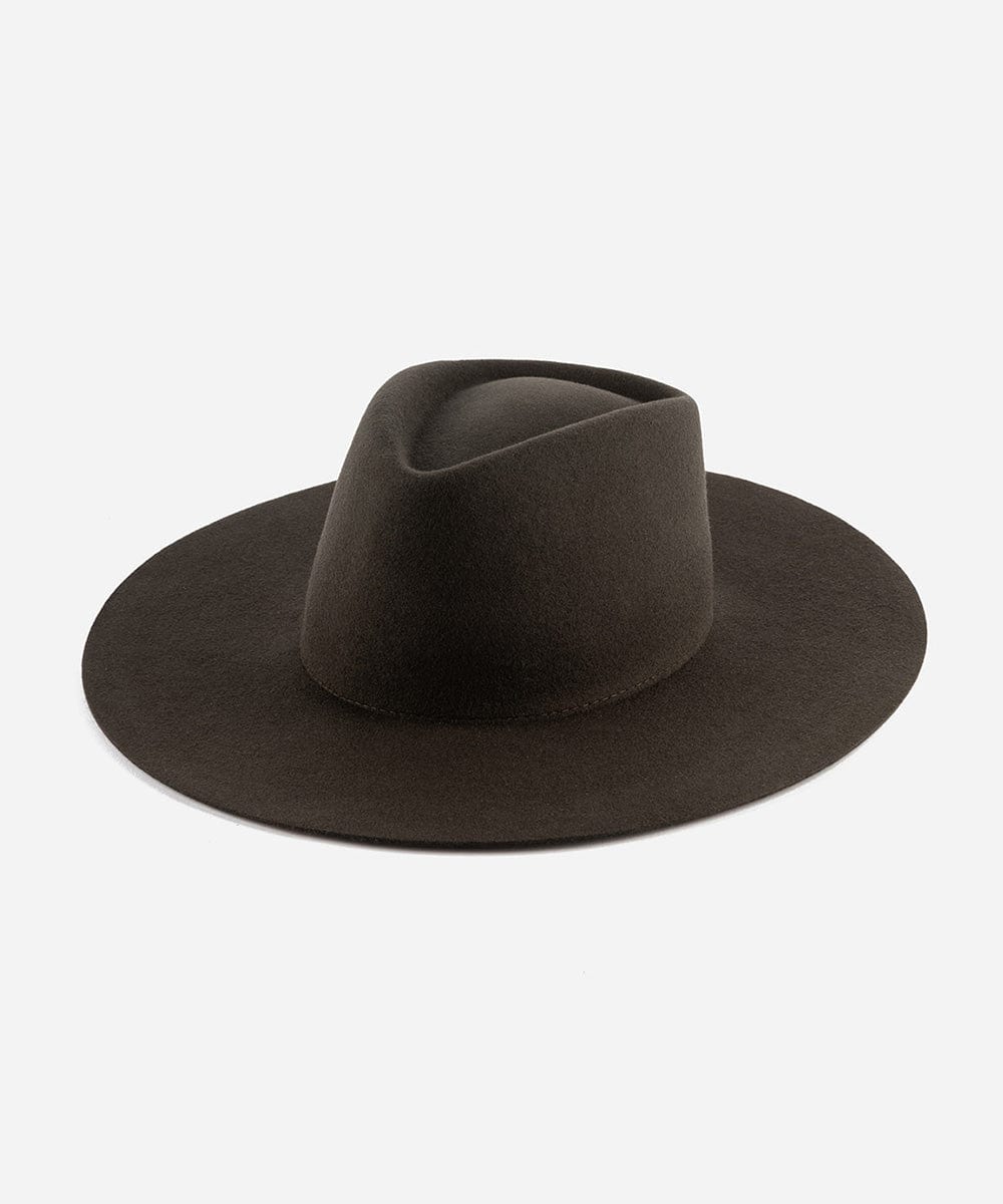 A dark brown wide brim felt hat with a triangle crown, flat brim, and no visible embellishments. #color_dark brown